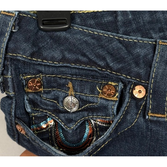 True Religion Section Straight Jeans Womens 28 Dark Wash Sequin Flap Pocket USA - Picture 4 of 14